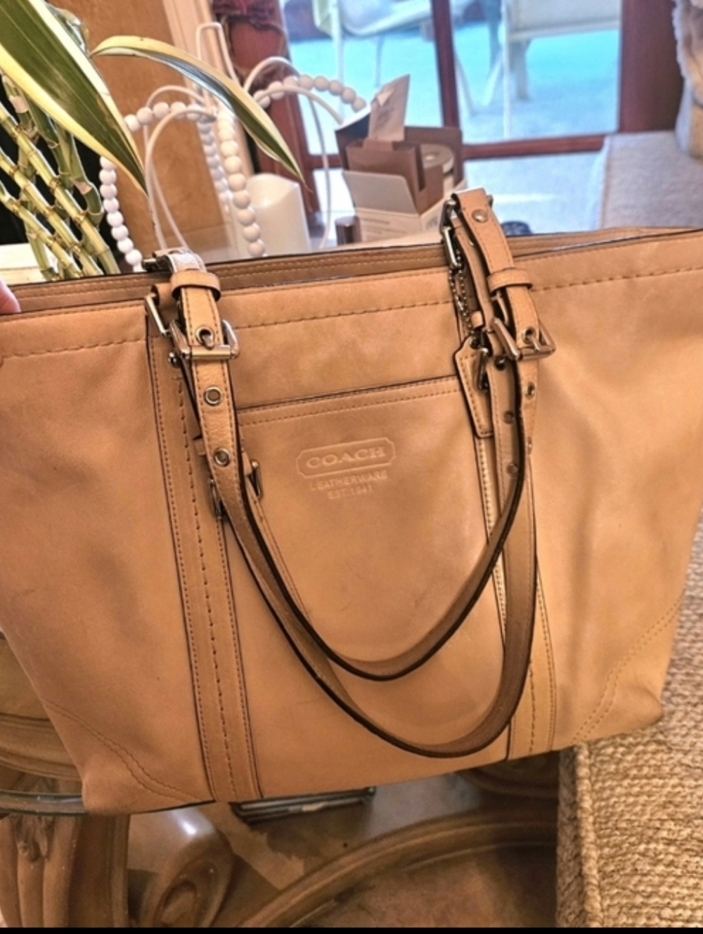Coach East West Genuine Leather Camel Color Zippered Tote Bag With Hang Tag